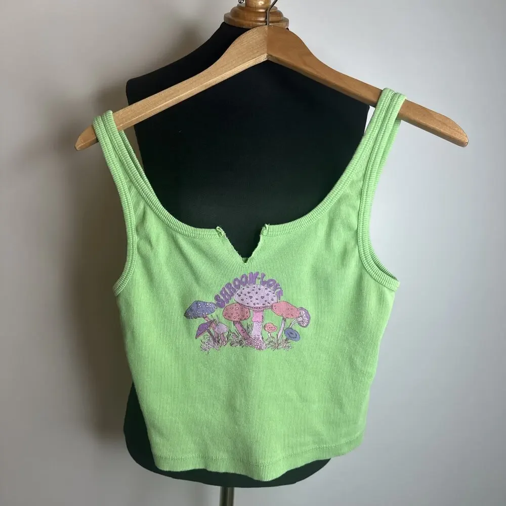 Urban Outfitters Shroom Love Green Cropped Tank Top Graphic Print Womens Medium